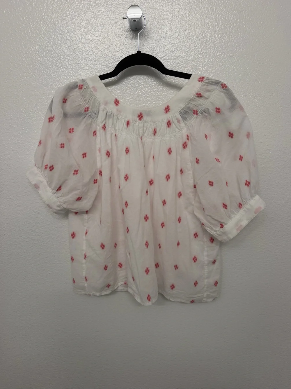 J. Crew White Puff-Sleeve Blouse with Pink Motif